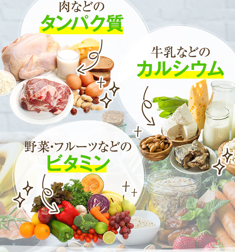肉などのタンパク質、牛乳などのカルシウム、野菜・フルーツなどのビタミン